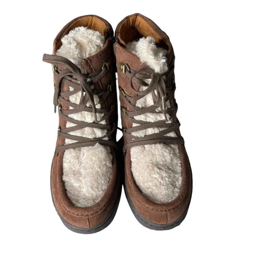Zodiac Pierson Brown Suede Wedge Ankle Boots Faux Fur Lined | Women’s 9